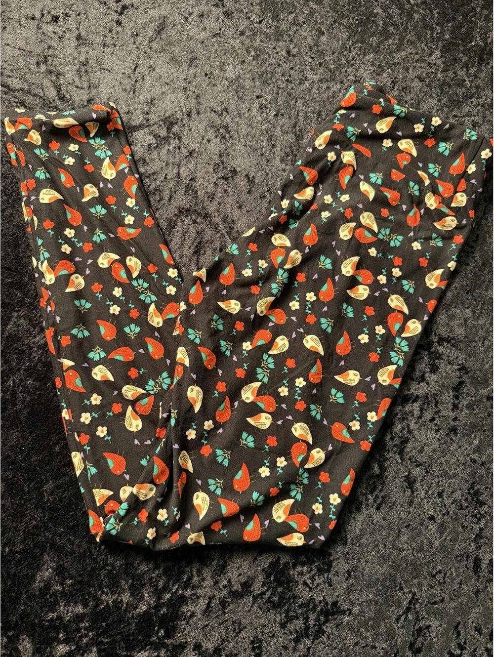 LuLaRoe One Size OS Baby Birds Floral Black Orange Green Soft High Rise NWOT